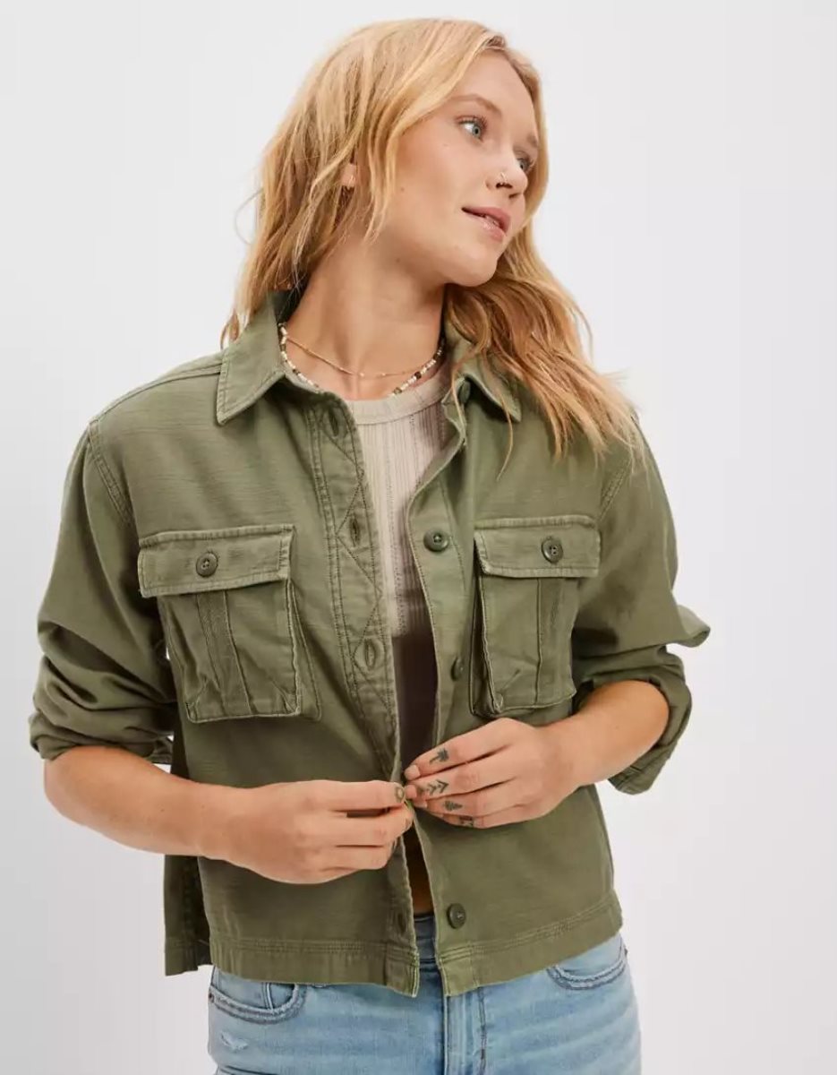 Chemises American Eagle AE Long-Sleeve Cargo Button-Up Vert Olive Femme | YLR-71479082